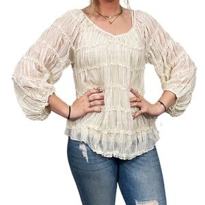 Blu Pepper Cream Boho Textured Blouse | Long Sleeve Peasant Top | Size S